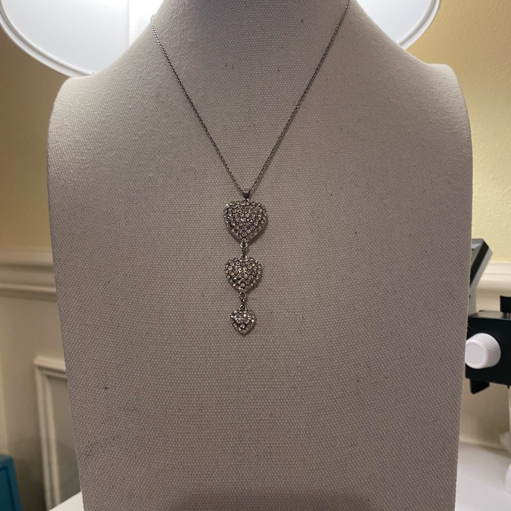 Silver Triple Heart Pendant Necklace - Sparkling Crystal Accent